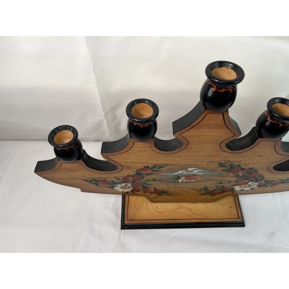 Vtg 1984 Hand Painted Country Scent Floral 5 Arm Wood Candle Holder Signed 18” - Picture 7 of 10
